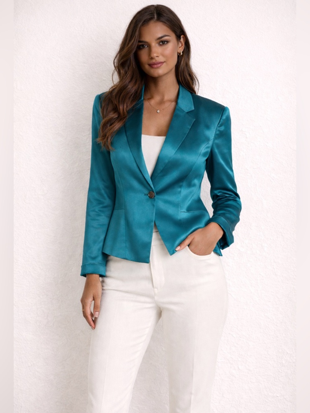 Valerie Stevens Teal 100% Silk Blazer Satin Finish One Button Jacket  Sz. 10